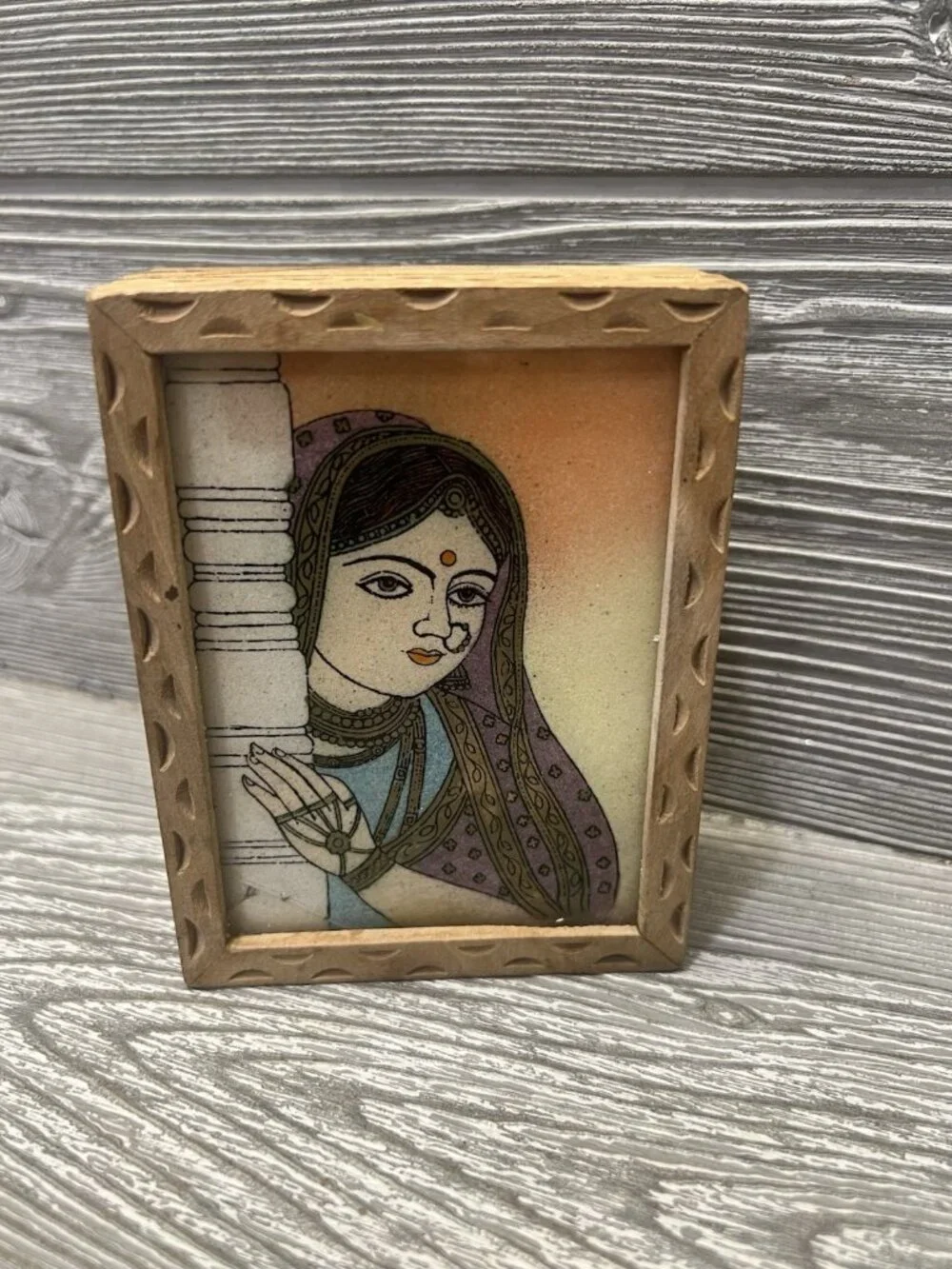Vintage Wooden Indian Art Jewelry Trinket Box Wood and Glass 4.5” X 3.25”